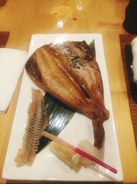 High angle view of food in plate on table