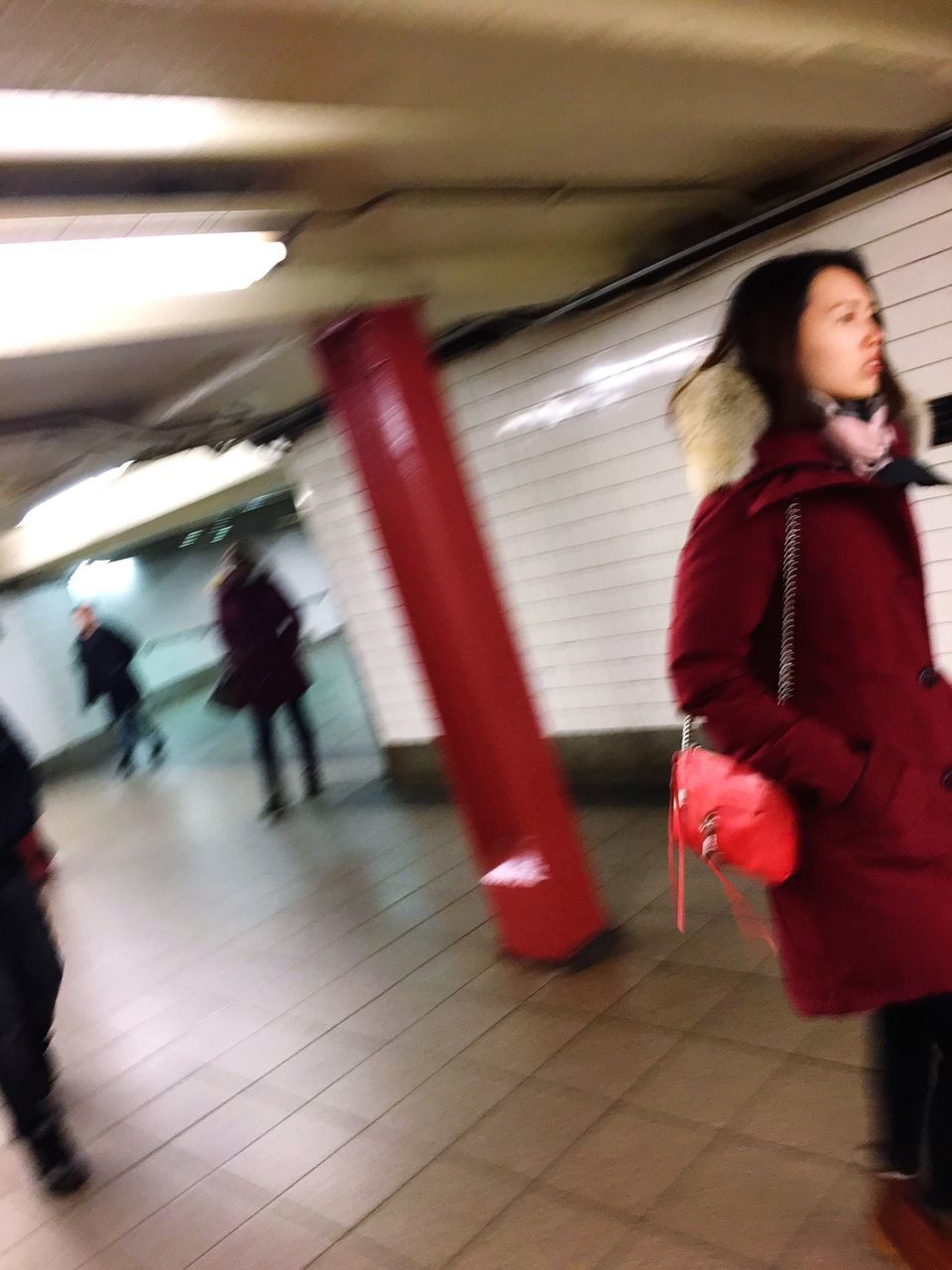 indoors, blurred motion, red, one person, subway train, commuter, people, real people, illuminated, public transportation, day, adults only, adult