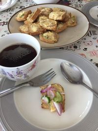 High angle view of breakfast served on table