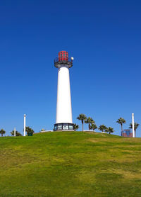 Low angle view of lighthouse on field against clear blue sky