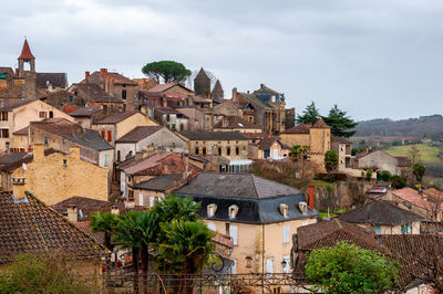 High angle view of buildings in town against sky