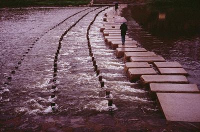 High angle view of steps by footpath