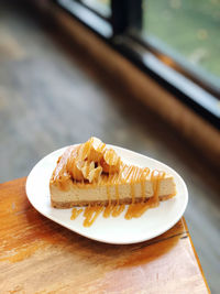 High angle view of dessert in plate on table