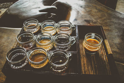 High angle view of tea in tray on table