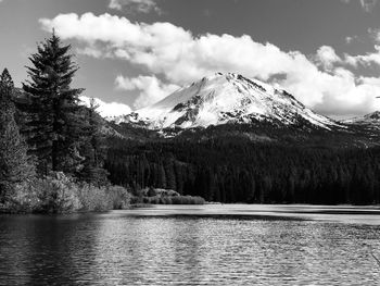 Scenic view of lake by snowcapped mountains against sky