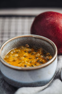 High angle view of soup in bowl on table