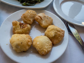 High angle view of food in plate on table