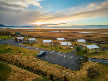 High angle view of townscape against sky during sunset