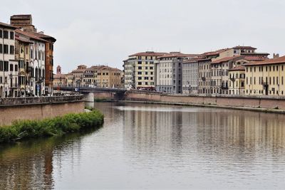 Buildings by river against sky in city