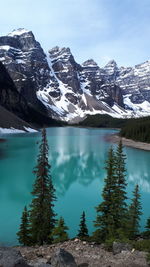 Scenic view of lake by snowcapped mountains against sky