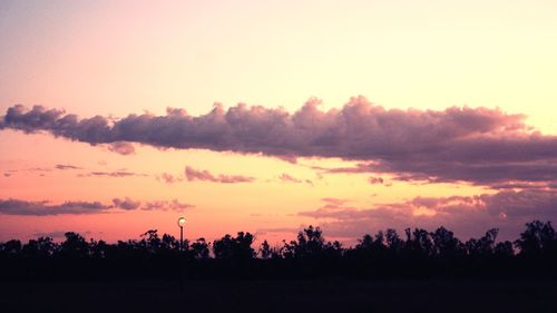 Silhouette trees on field against romantic sky at sunset