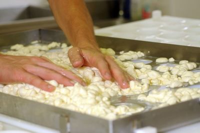 Midsection of person preparing food in kitchen