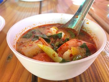 High angle view of soup in bowl on table