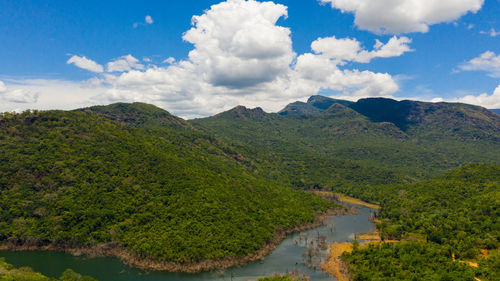 Tropical landscape mountains and jungle hills with lake.  kalu ganga reservoir, sri lanka.