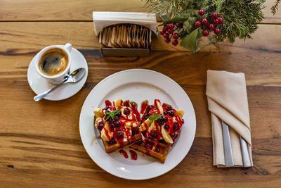 High angle view of breakfast on table