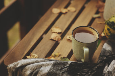 High angle view of tea on table during autumn