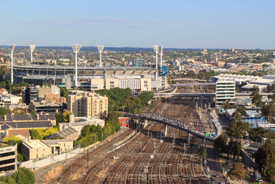 High angle view of buildings in city