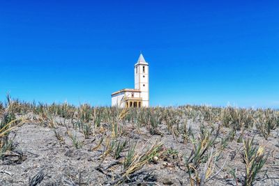 Church and plants growing in the beach of las salinas de cabo de gata. almería. spaim
