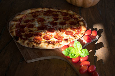 High angle view of pizza on table