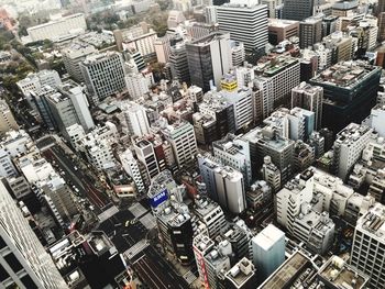High angle view of modern buildings in city