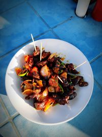 High angle view of food in plate on table