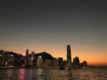 Scenic view of river and buildings against sky during sunset