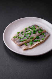 High angle view of food in plate on table