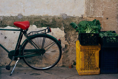 Bicycle parked by vegetables against wall