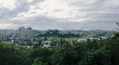 High angle view of buildings against sky