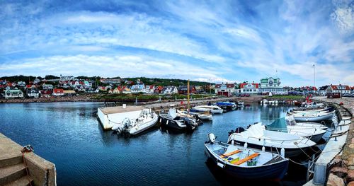 High angle view of boats moored in harbor