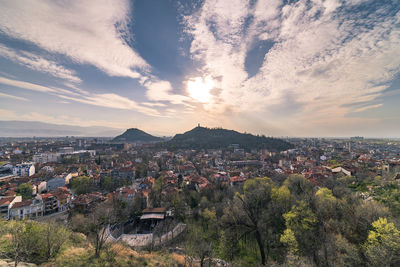 High angle view of townscape against sky during sunset