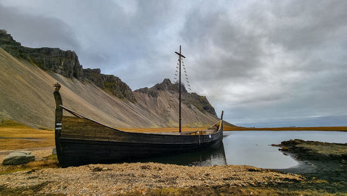 Old viking boat in viking village. stokksnes.