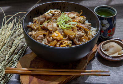 High angle view of food in bowl on table