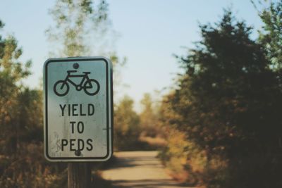 Close-up of road sign against trees