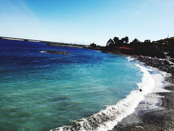 Scenic view of sea against clear blue sky