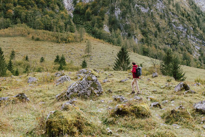 Rear view of person walking on land against trees