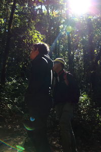 Rear view of people on street amidst trees in forest