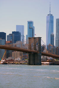 Modern buildings by river against sky in city