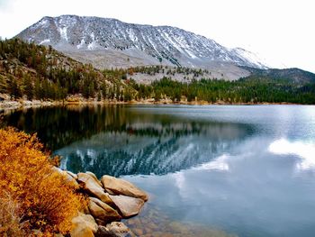 Scenic view of lake and mountains against sky