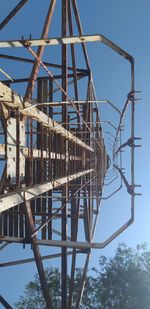 Low angle view of metallic structure against clear blue sky