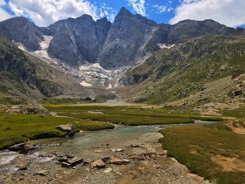 Scenic view of stream by mountains