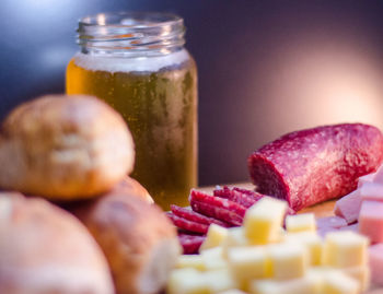 Close-up of food and drink on table