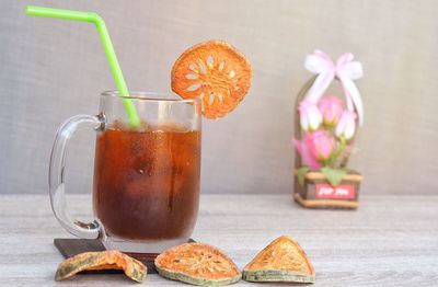 Close-up of drink served on table
