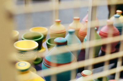 Close-up of multi colored potteries