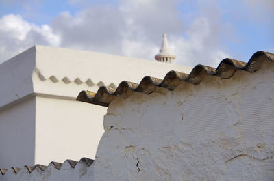 A close up view of a white wall and a tiled roof with a chimney at the background, in portugal