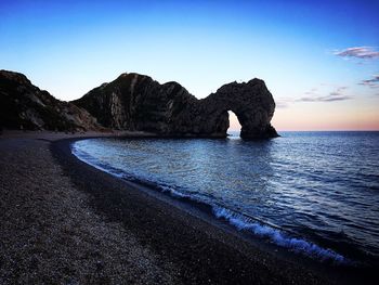 Scenic view of sea against clear blue sky