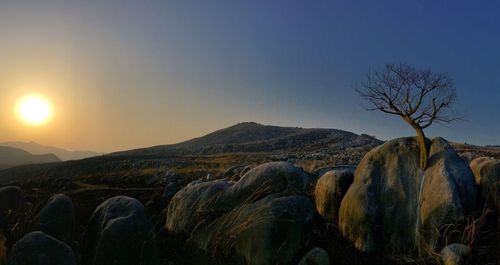 Rocks at hiraodai karst plateau against clear sky