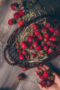 High angle view of strawberries in basket on table