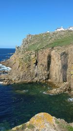 Rock formations by sea against clear blue sky