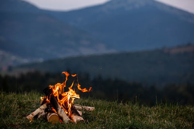 Burning bonfire in the evening in the carpathian mountains. place for inscription.